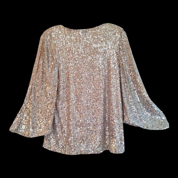 BLING Cable and Gauge M Glitzy Glam Party Top Sequins Split Bell Sleeves Holiday - Picture 2 of 16